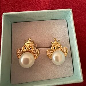 Gold and Authentic Pearl Owl Stud Earrings